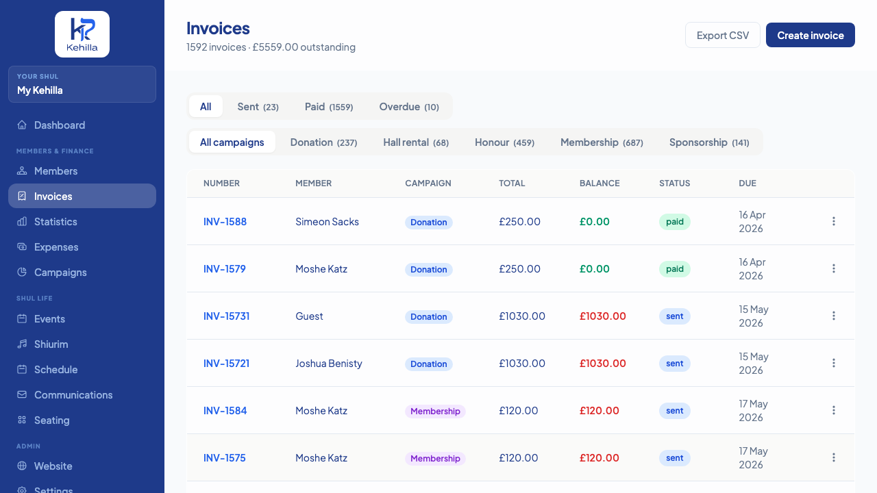 Admin invoices list showing status and amounts